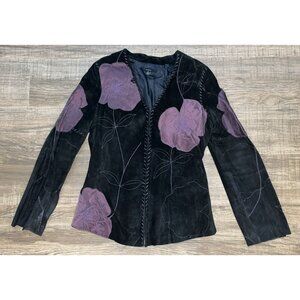 Womens Black Suede Leather Jacket  Purple Applique Flowers S Whimsigoth Western